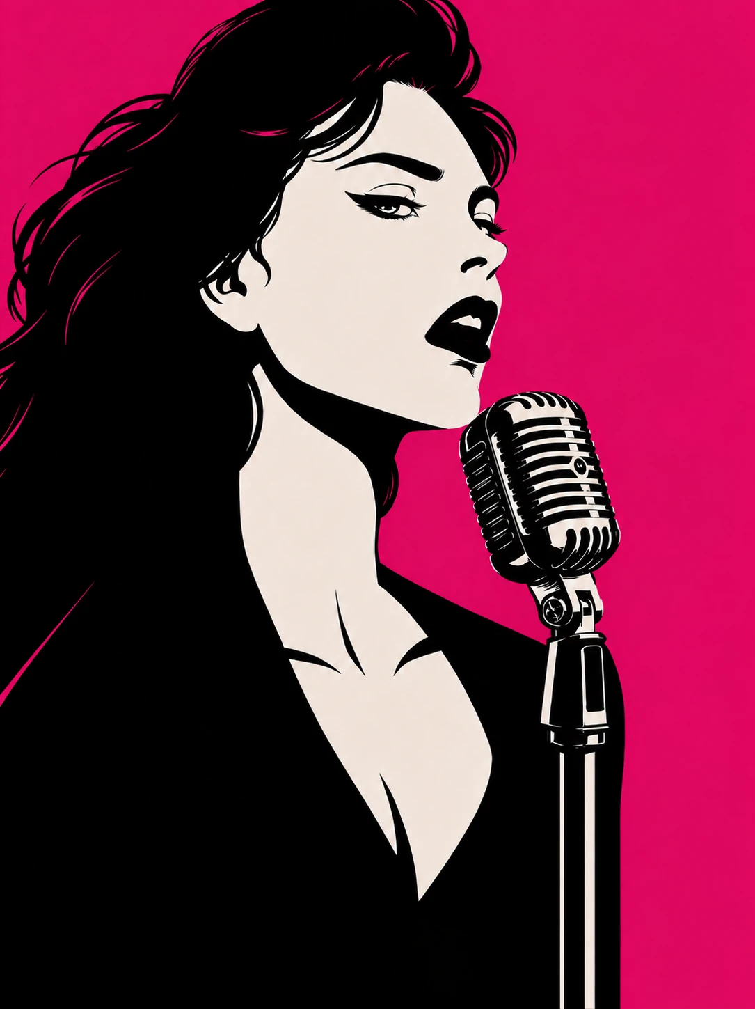 Illustration of Maya Hart singing into a vintage microphone