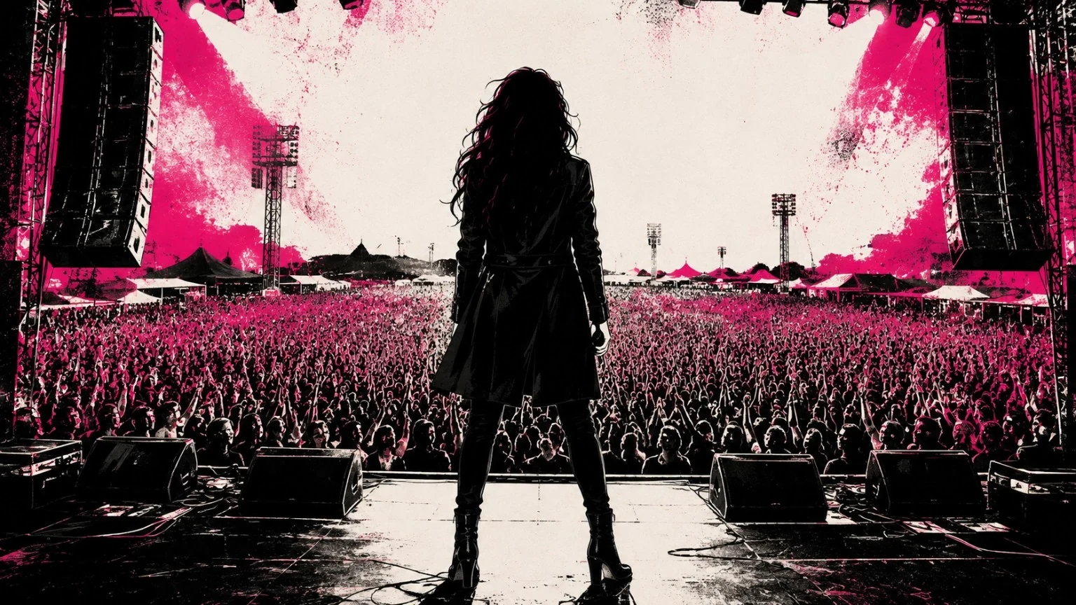 Maya Hart seen from behind on the Main Stage facing the Echo Fields crowd